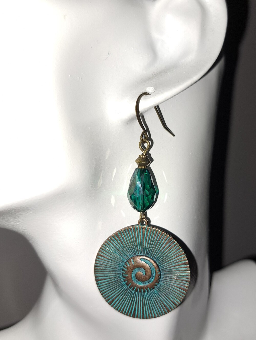 Turquoise Patina Bronze Earrings, Round Spiral Design with Teal Crystal Beads